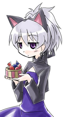 cat_ears darker_than_black dress flat_chest food grey_hair loli long_hair lowres pettanko pony_tail silver_hair sweets violet_eyes yin