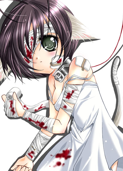 ahoge bandages black_hair blood collar dress green_eyes leash nekomimi short_hair