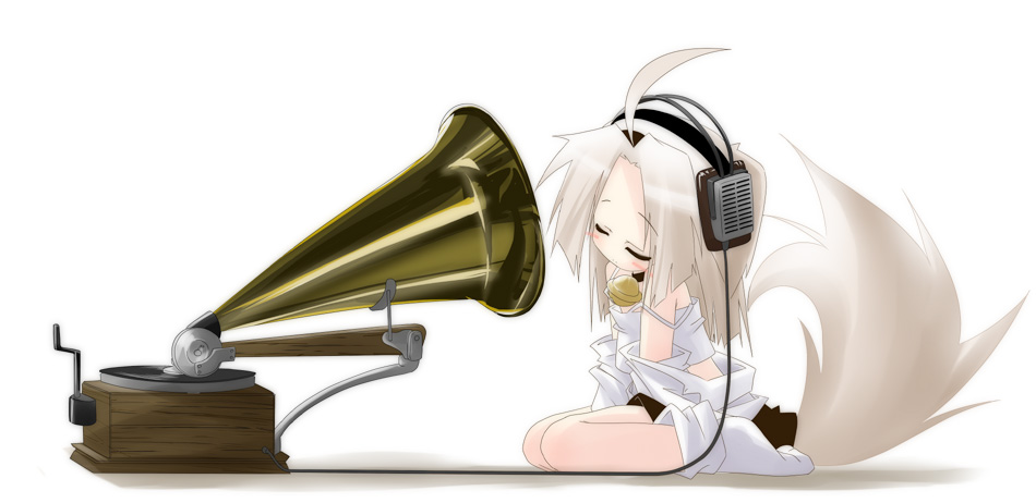 ahoge animal_ears bell bell_collar blush_stickers character_request closed_eyes collar dog_ears dog_tail fine_art_parody headphones his_master's_voice inumimi jingle_bell long_hair music nanana parody phonograph radio rca simple_background skirt solo strap_slip tail white_background white_hair