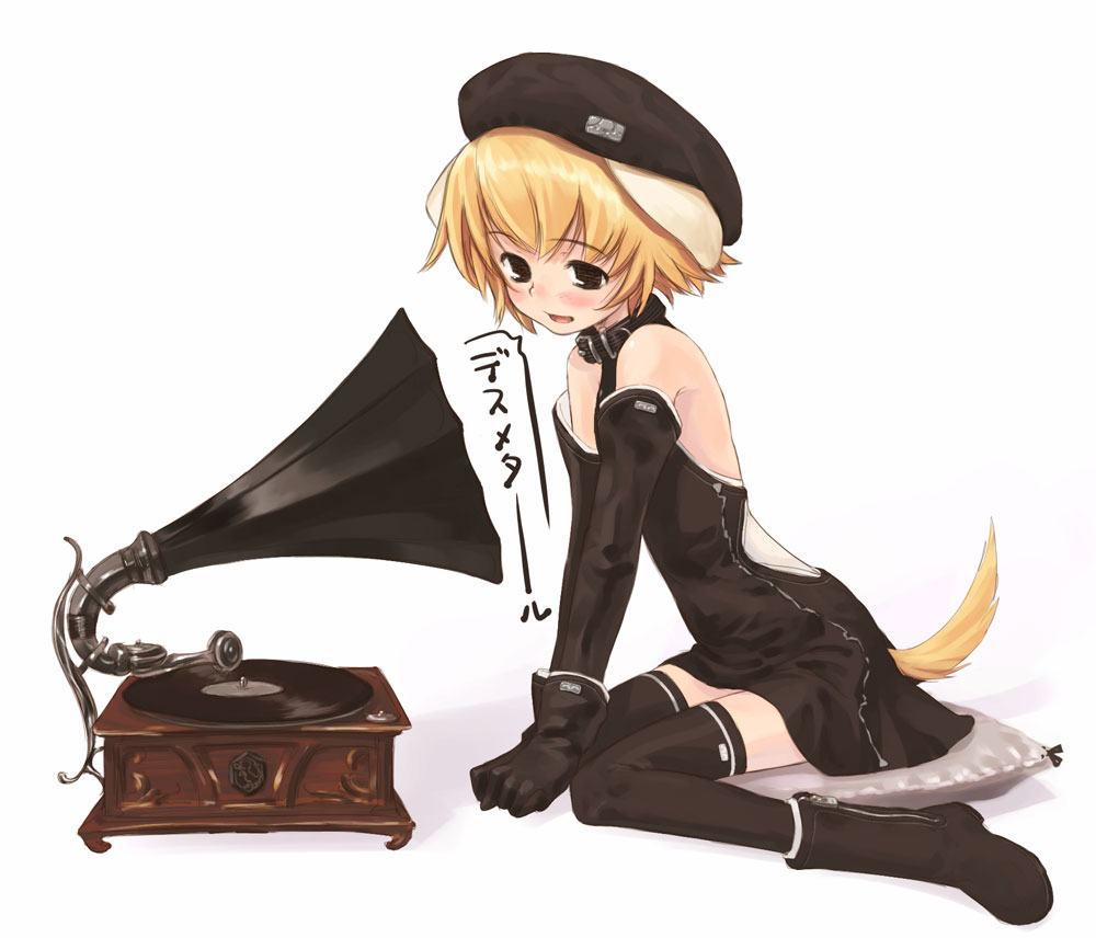 bare_shoulders beret black_legwear blonde_hair blush boots brown_eyes collar dog_ears dog_tail dress elbow_gloves fine_art_parody gloves hat his_master's_voice inumimi miniskirt open_mouth parody phonograph pillow record short_hair sitting skirt solo tail thigh_highs thighhighs translated zettai_ryouiki zipper