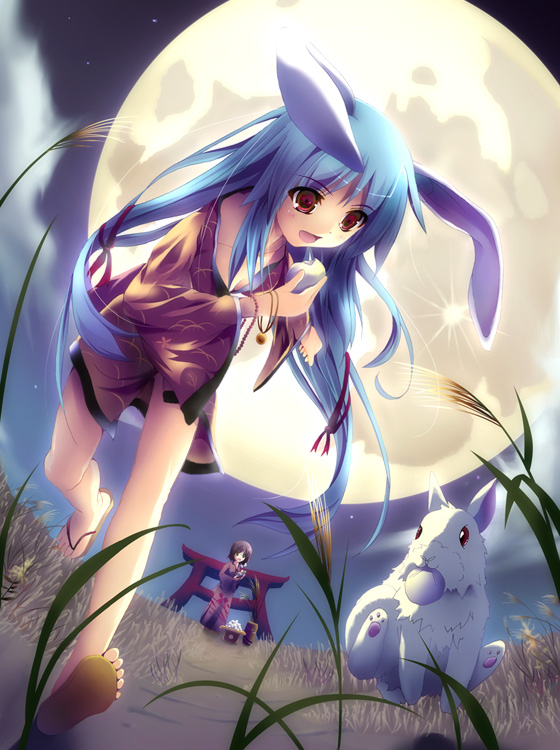 blue_hair brown_hair kimono long_hair moon rabbit red_eyes twintails usagimimi