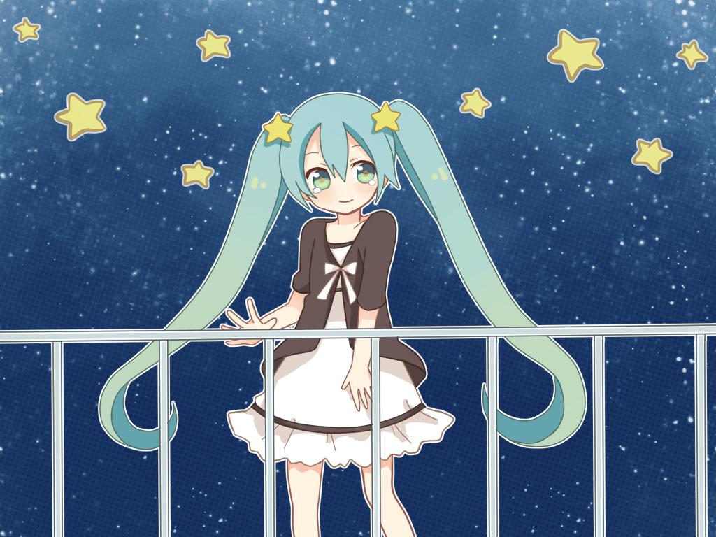 1girl aqua_hair dress green_eyes hatsune_miku kuroton@9610 long_hair night smile solo star tears twintails vocaloid