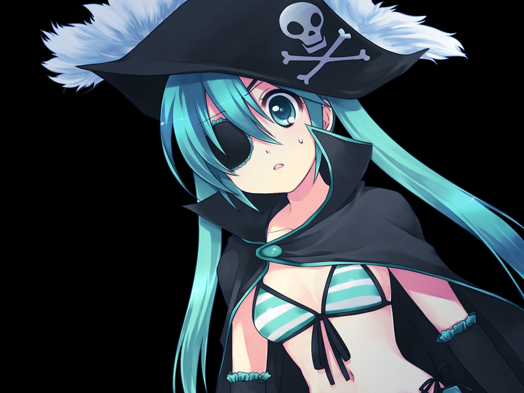 1girl bikini_top black blue_eyes blue_hair detached_sleeves eye_patch eyepatch front-tie_top hat hatsune_miku long_hair mani pirate pirate_hat solo surprised twintails vocaloid wrap