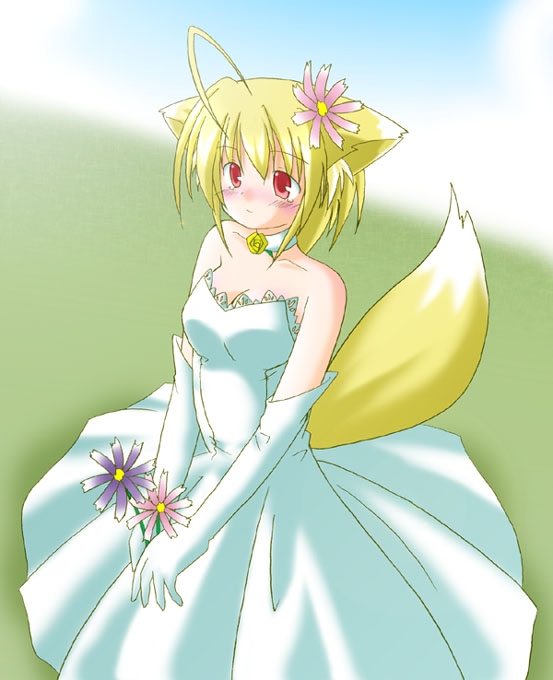 ahoge blonde_hair blush collar dress elbow_gloves flower gloves kitsunemimi red_eyes short_hair