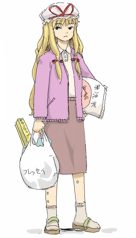 alternate_costume bag blonde_hair blouse bow casual contemporary frown grey_legwear groceries hair_bow hat hat_bow long_hair ohyo sandals shirt simple_background skirt socks solo standing touhou translated very_long_hair white_background yakumo_yukari