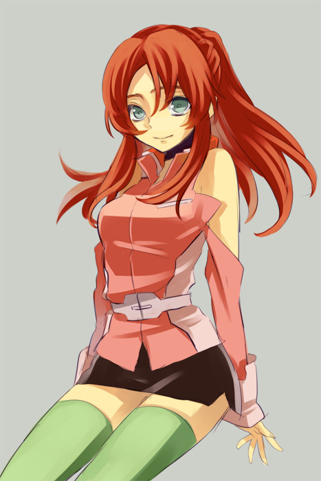 flay_allster green_eyes green_legwear green_thighhighs gundam gundam_seed long_hair military military_uniform ponytail red_hair redhead simple_background skirt smile solo thigh-highs thighhighs tibino uniform zettai_ryouiki