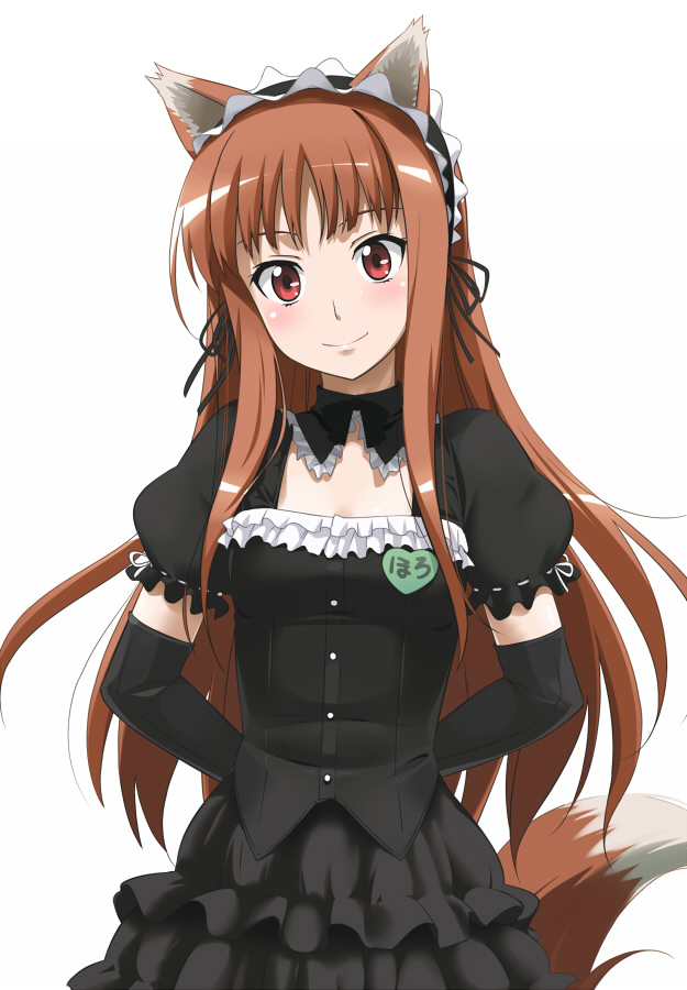 alternate_costume animal_ears arms_behind_back blush brown_hair elbow_gloves enmaided gloves heart holo long_hair maid maid_headdress name_tag red_eyes simple_background smile solo spice_and_wolf tail translated waitress white_background wolf_ears wolf_tail youkan
