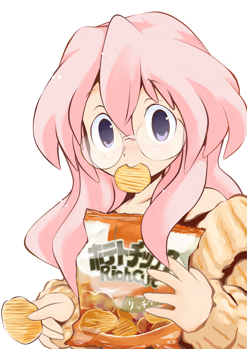 dokuda food glasses long_hair lucky_star mouth_hold pink_hair potato_chips purple_eyes simple_background solo takara_miyuki violet_eyes