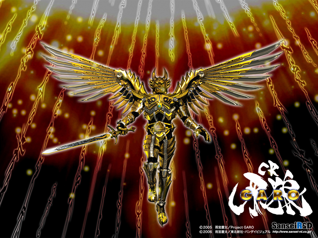 1boy armor artist_request garo garo_(series) gold_armor golden male runes solo sword weapon wings