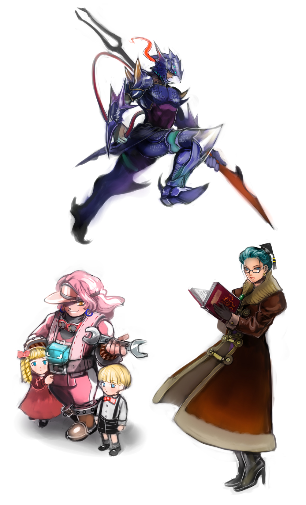 armor blue_eyes blue_hair book brena brina cain_highwind calca calco doll final_fantasy final_fantasy_iv final_fantasy_iv_the_after hal_(ff4) high_heels highres luca_(ff4) moreshan pink_hair polearm shoes spear weapon wrench yellow_eyes