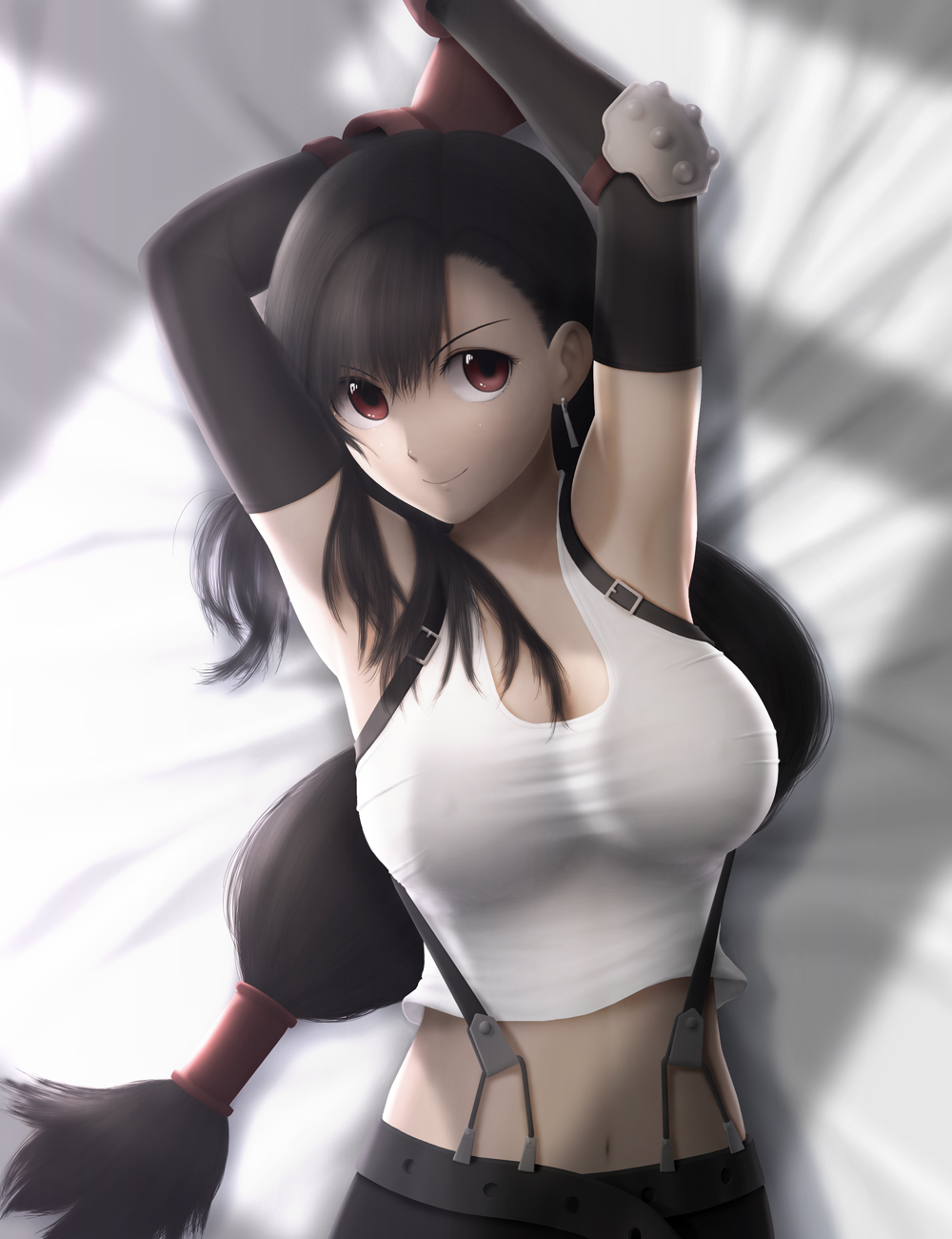 arms_behind_head arms_up black_hair breasts earrings elbow_gloves elbow_pads final_fantasy final_fantasy_vii fingerless_gloves gloves highres huge_breasts jewelry large_breasts long_hair midriff miniskirt navel on_back red_eyes siraha skirt smile solo sunlight suspenders taut_shirt tifa_lockhart