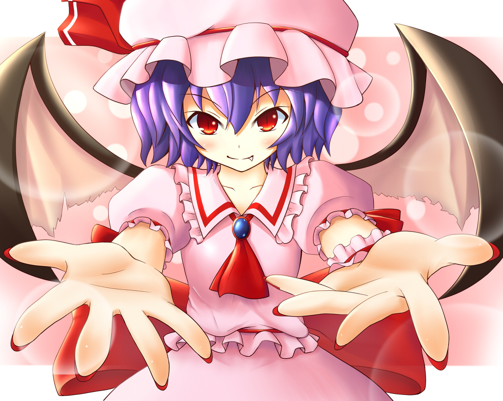 fang foreshortening hands hat lens_flare looking_at_viewer mizuoka_(pixiv370360) nail_polish outstretched_arms outstretched_hand purple_hair red_eyes remilia_scarlet short_hair slit_pupils smile touhou wings yunomi_chawan