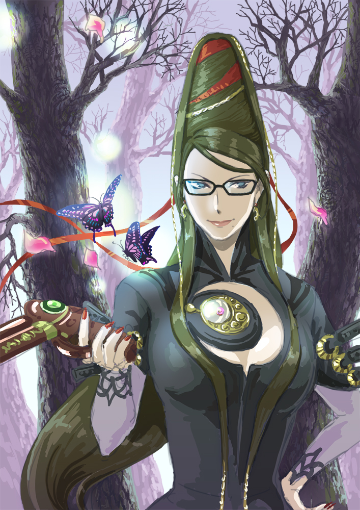 bayonetta_(character) black_hair blue_eyes bodysuit butterfly earrings glasses gun hair_bun handgun jewelry jigoku_meguri kagemo long_hair mole red_ribbon ribbon solo tree very_long_hair weapon