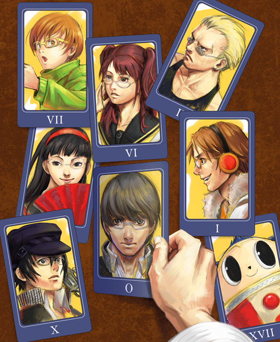 androgynous bear black_eyes black_hair blue_eyes brown_eyes brown_hair cabbie_hat card card_(medium) cards fan glasses grey_hair hairband hanamura_yousuke hat headphones jacket kujikawa_rise kuma_(persona_4) long_hair narukami_yuu nose open_mouth persona persona_4 red_hair redhead reverse_trap satonaka_chie scar school_uniform serafuku seta_souji shirogane_naoto short_hair smile tatsumi_kanji track_jacket twintails yellow-framed_glasses