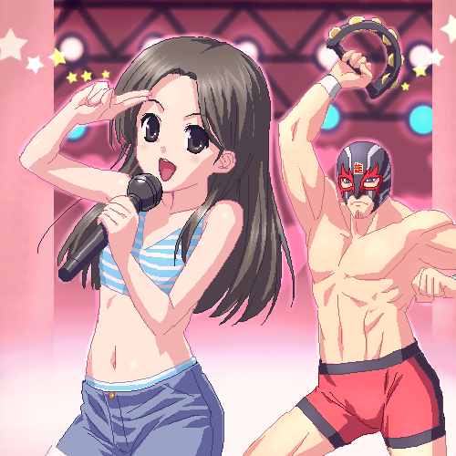 haruka_(ryu_ga_gotoku) karaoke kiryu_kazuma kiryuu_kazuma lowres mask microphone ryu_ga_gotoku ryuu_ga_gotoku sawamura_haruka shorts zen