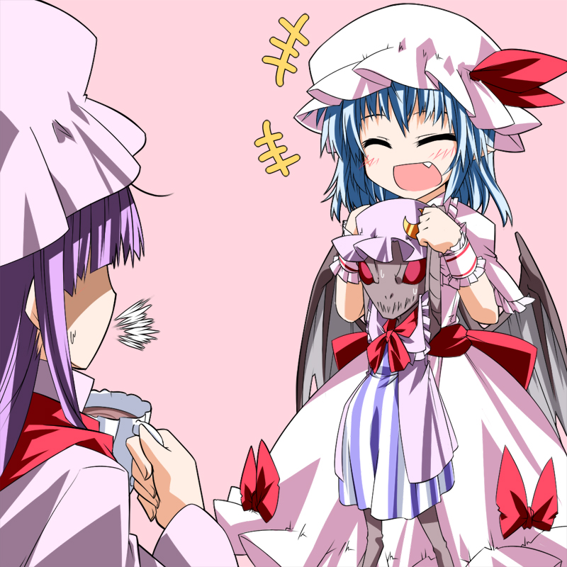 2girls :d bat_wings blush chupacabra chupacabras cup dress fang hat hemogurobin_a1c long_hair monster multiple_girls open_mouth patchouli_knowledge patchouli_knowledge_(cosplay) purple_hair remilia_scarlet shaded_face smile spit_take spitting teacup touhou wings wrist_cuffs