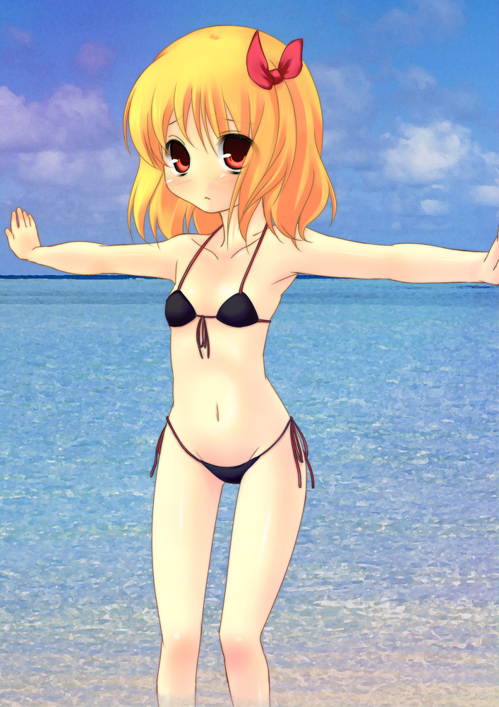 :&lt; bikini blonde_hair blush flat_chest front-tie_top mound_of_venus nigou_(aozoragarou) no_nose outstretched_arms panties red_eyes rumia short_hair shy side-tie_panties solo spread_arms string_bikini swimsuit touhou underwear