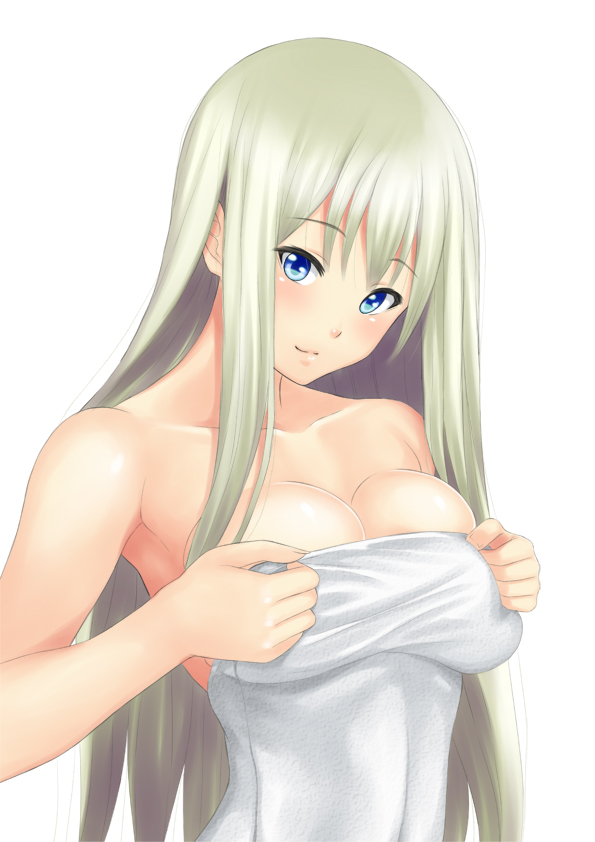 1girl bare_shoulders blonde_hair blue_eyes breasts cleavage large_breasts light_smile long_hair looking_at_viewer muffin_(sirumeria) original simple_background solo towel white_hair