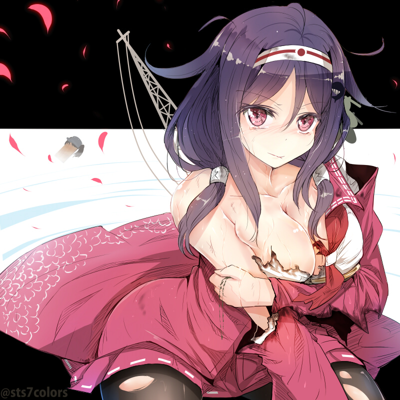 1girl ahoge breasts burnt_clothes cleavage hair_ornament hairband hairclip headband japanese_clothes kantai_collection long_hair magatama muneate pantyhose petals purple_hair red_eyes ryuuhou_(kantai_collection) ryuujou_(kantai_collection) solo sts sweat taigei_(kantai_collection) tears torn_clothes twintails twitter_username