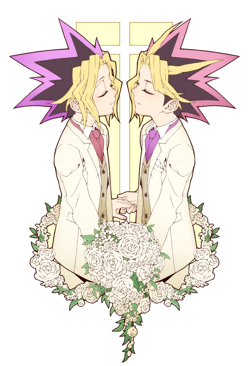 2boys blonde_hair bouquet chesha closed_eyes cross flower formal highres holding_hands husband_and_husband male multicolored_hair multiple_boys mutou_yuugi necktie profile purple_hair redhead rose spiky_hair suit symmetry two-tone_hair wedding white_rose yami_yuugi yaoi yuu-gi-ou yuu-gi-ou_duel_monsters