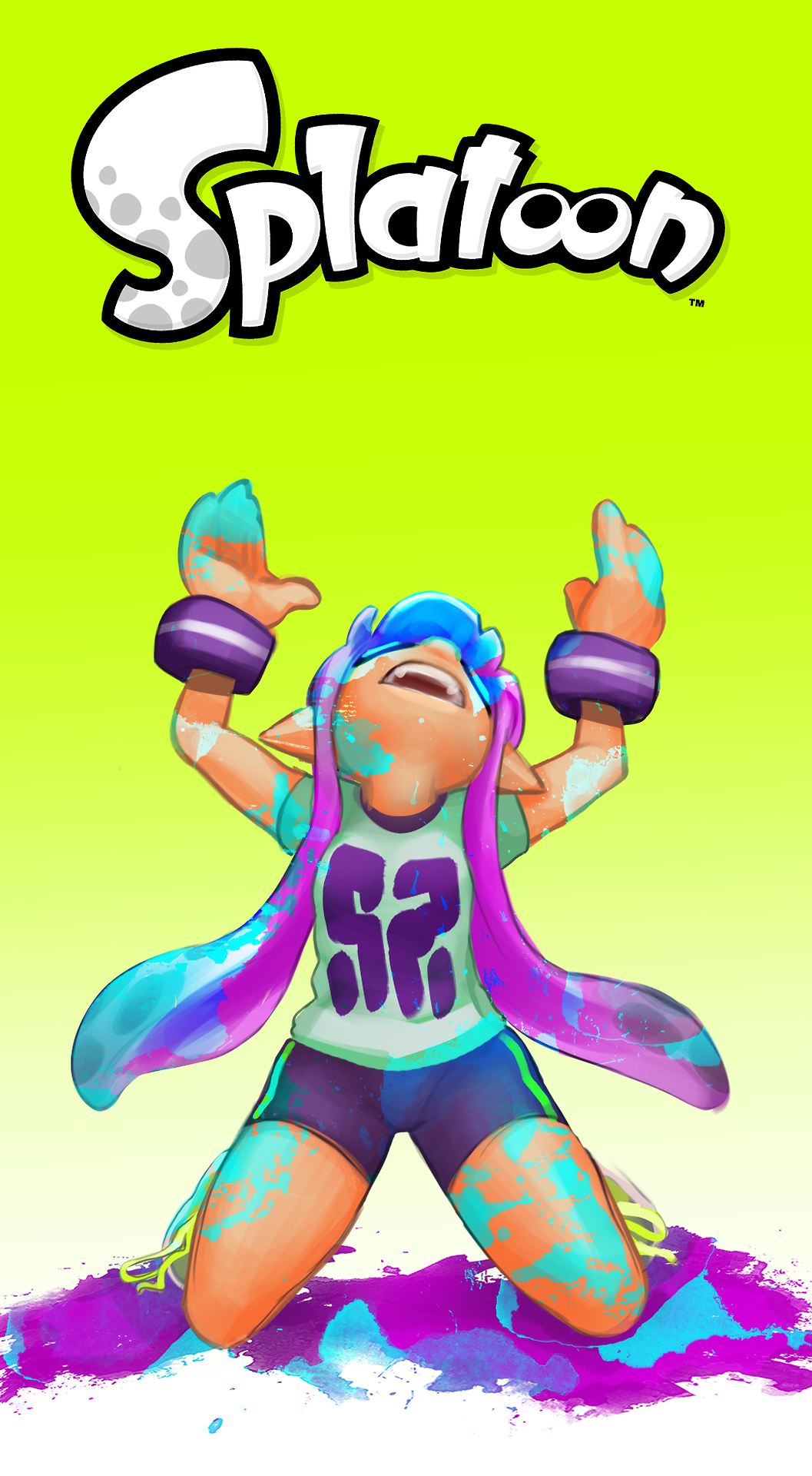 1girl arms_up artist_request bike_shorts gym_uniform highres kneeling open_mouth paint_splatter parody platoon pointy_ears purple_hair solo splatoon tentacle_hair twintails