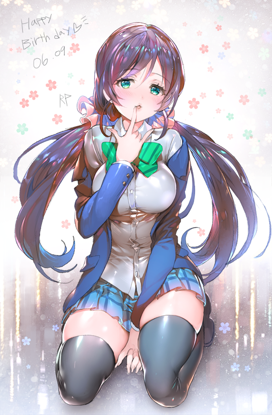 1girl :3 black_legwear blazer bowtie breasts dated finger_to_mouth green_eyes happy_birthday large_breasts long_hair love_live!_school_idol_project low_twintails off_shoulder plaid plaid_skirt pleated_skirt purple_hair repi987 school_uniform sitting skirt solo thigh-highs toujou_nozomi twintails wariza