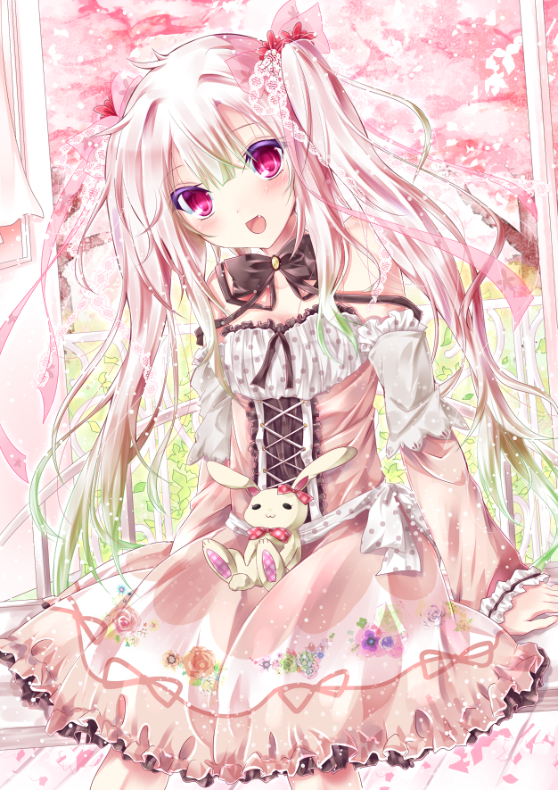 1girl bow brown_clothes cherry_blossoms dress eyeshadow fang fence flower_(symbol) hair_ribbon looking_at_viewer makeup open_mouth original pigtail pink_clothes pink_eyes pink_hair rabbit ribbon smile solo tetsu_tissue white_clothes