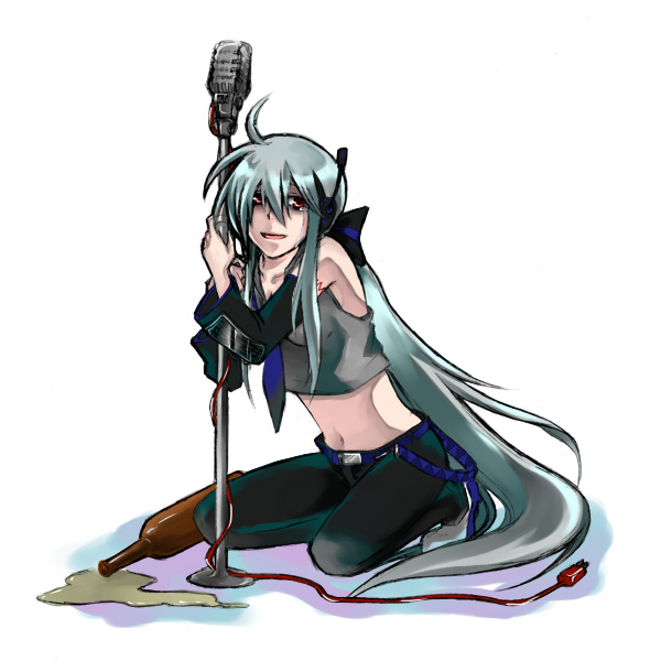 1girl bottle crop_top detached_sleeves drunk headphones long_hair microphone microphone_stand midriff mishima_(pikaco) navel payot red_eyes silver_hair solo spill tattoo unplugged very_long_hair vocaloid voyakiloid yowane_haku