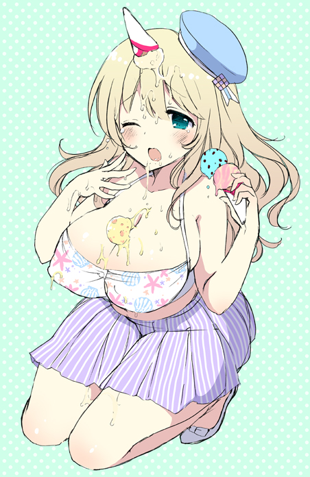 1girl alternate_costume atago_(kantai_collection) blonde_hair blush breasts cleavage food green_eyes hat ice_cream kantai_collection large_breasts long_hair messy mozuya_murasaki one_eye_closed open_mouth solo tears wink