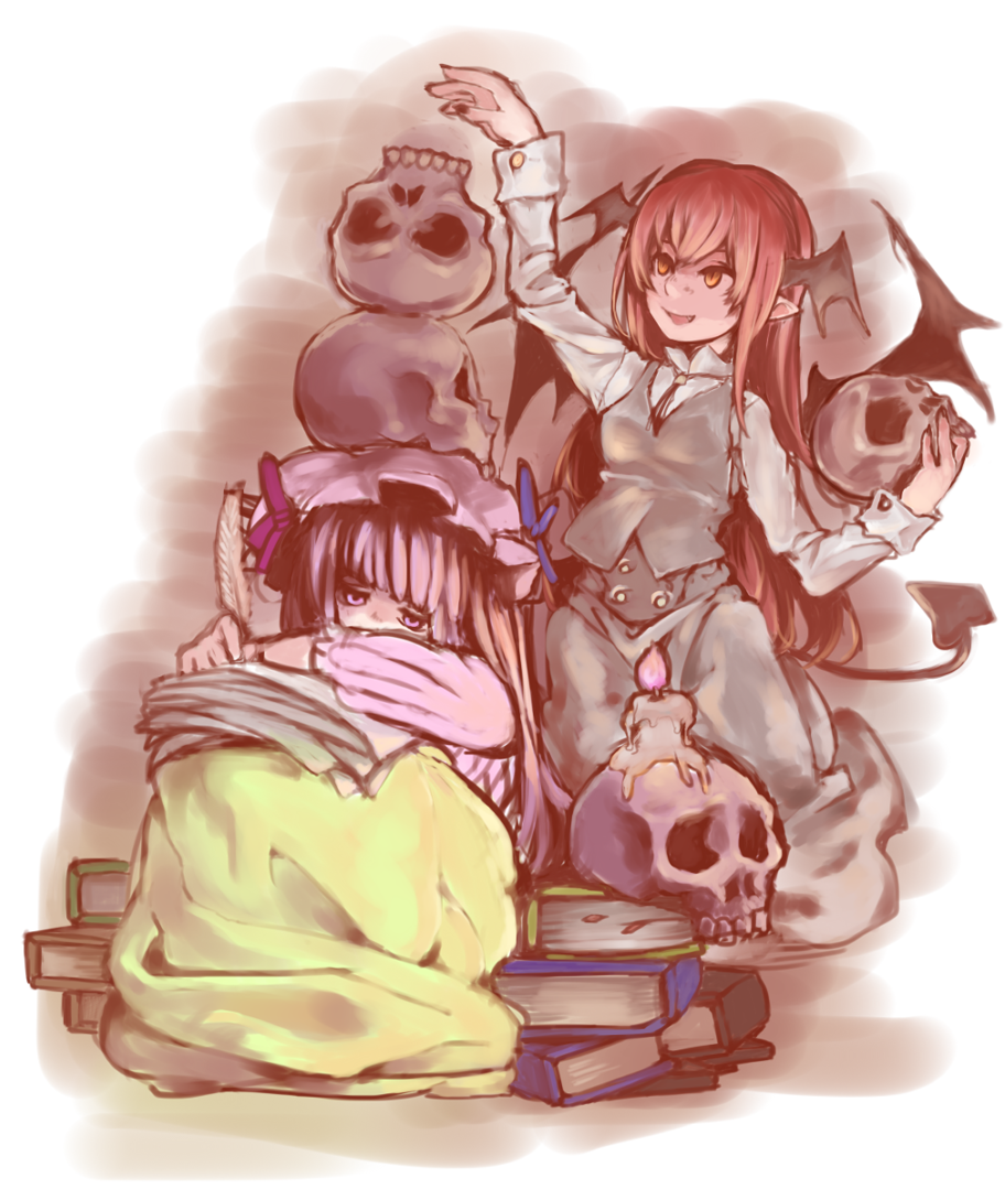 2girls :d arm_up balancing bangs bat_wings blunt_bangs book_stack bored candle chin_rest demon_tail dress dress_shirt expressionless fang head_wings koakuma long_hair long_sleeves mob_cap multiple_girls necktie object_on_head open_mouth paper patchouli_knowledge pointy_ears purple_hair quill red_eyes redhead shiro_(hakukosui) shirt simple_background skirt skirt_set skull smile tail touhou very_long_hair vest violet_eyes white_shirt wings writing