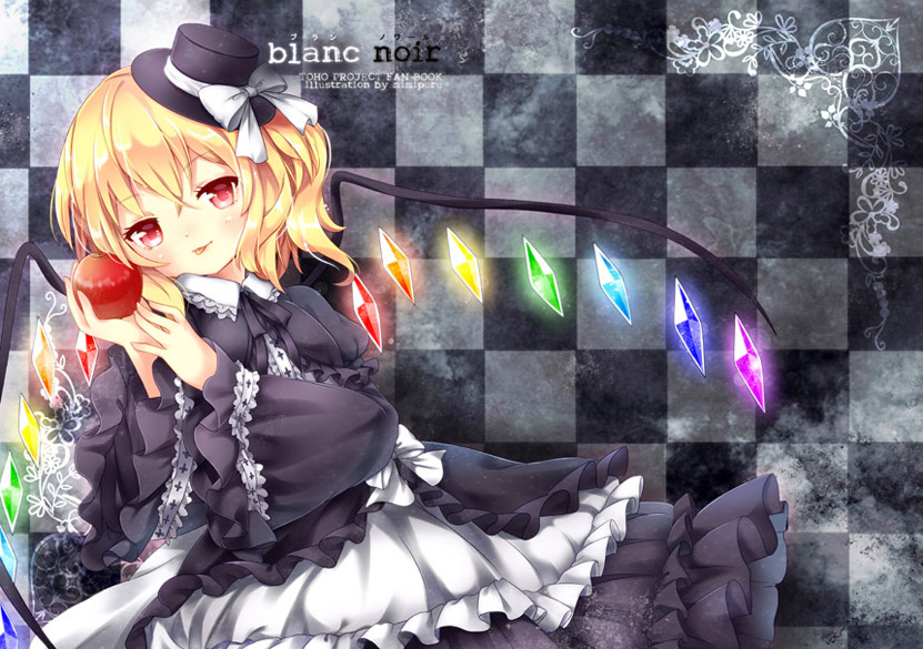 1girl :p alternate_costume apple asymmetrical_hair black_dress black_ribbon blonde_hair blush checkered checkered_background dress flandre_scarlet food fruit glowing glowing_wings gothic_lolita hat hat_ribbon holding holding_fruit layered_dress lolita_fashion long_sleeves looking_at_viewer mi_hitsuji neck_ribbon puffy_long_sleeves puffy_sleeves red_apple red_eyes ribbon short_hair side_ponytail smile solo tagme tongue tongue_out touhou white_bow wide_sleeves wings