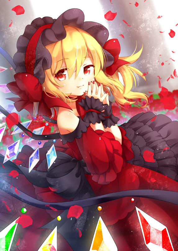 1girl alternate_costume asymmetrical_hair blonde_hair bonnet bow dress fang flandre_scarlet gothic_lolita hair_bow hands_together lolita_fashion looking_at_viewer mi_hitsuji petals red_dress red_eyes red_nails sash side_ponytail solo touhou wings wrist_cuffs