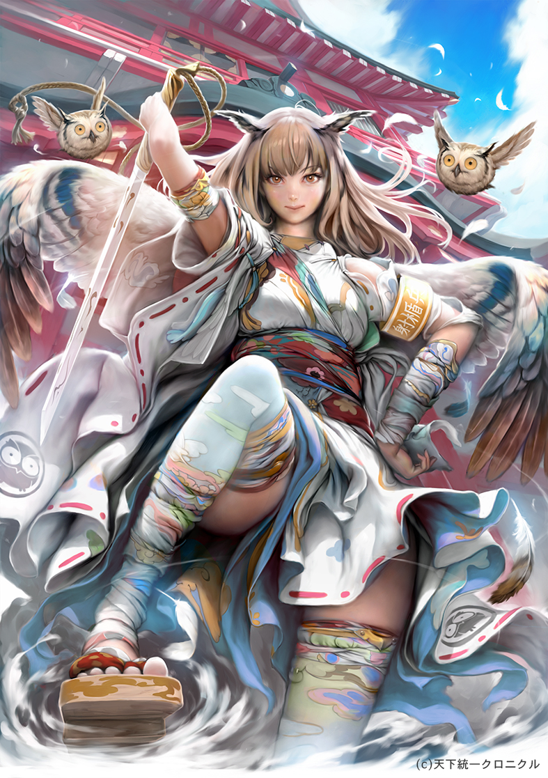 1girl architecture armband bird brown_hair clouds east_asian_architecture from_below long_hair looking_at_viewer looking_down mujiha_(mlog) official_art owl sandals sky solo sword tenka_touitsu_chronicle thigh-highs weapon wings