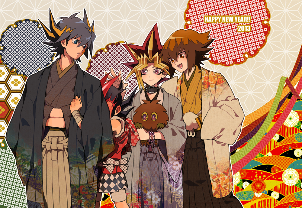 2013 4boys :d argyle bandages blonde_hair bracelet buckle character_request duel_monster embarrassed floral_print fudou_yuusei hakama hands_in_sleeves haori happy_new_year hexagon holding hug hug_from_behind japanese_clothes jewelry kimono kuriboh li_mone male multicolored_hair multiple_boys open_mouth pink_hair short_hair sleeves_past_wrists smile spiky_hair traditional_clothes two-tone_hair unmoving_pattern yami_yuugi yuu-gi-ou yuu-gi-ou_5d's yuu-gi-ou_duel_monsters yuu-gi-ou_gx yuuki_juudai