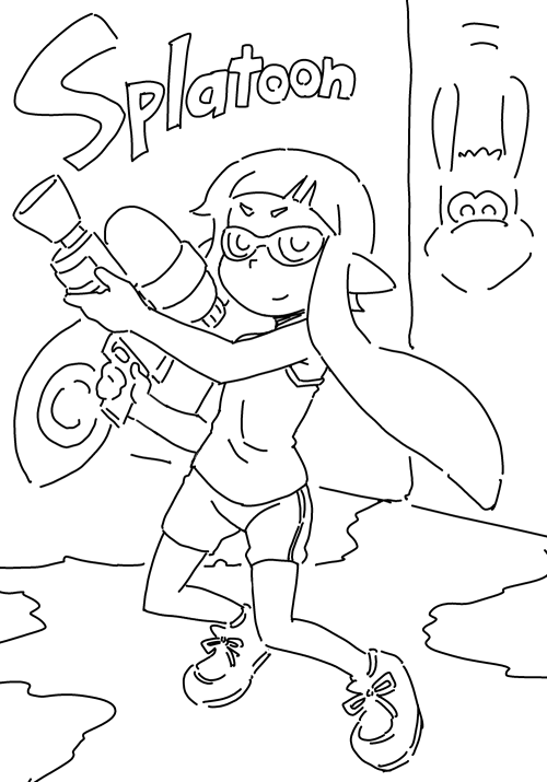 1girl anbe_masahiro bike_shorts electronic_entertainment_expo inkling monochrome nintendo shoes sneakers splatoon splatoon_(series) squid sunglasses tagme water_gun