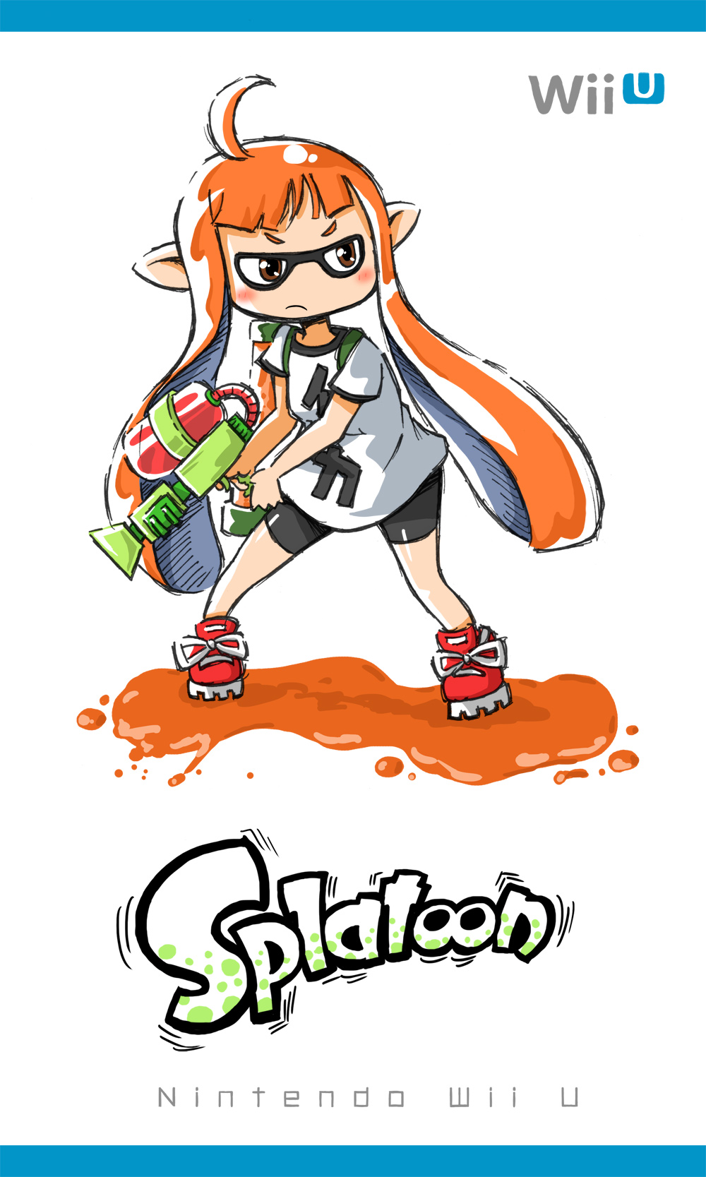 1girl ahoge blush_stickers brown_eyes cover fake_cover game_cover gotthi highres inkling mask nintendo orange_hair pointy_ears shoes sneakers solo splatoon super_soaker t-shirt twintails wii_u