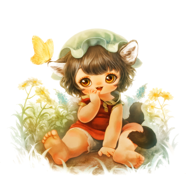 1girl animal_ears bare_legs barefoot bloomers brown_hair butterfly_on_head cat_ears cat_tail chen colored_pencil_(medium) daisy eyelashes flower graphite_(medium) grass hand_on_own_face legs_apart looking_at_viewer mob_cap multiple_tails no_pants open_mouth orange_eyes short_hair short_sleeves simple_background solo souri tail touhou traditional_media underwear white_background young