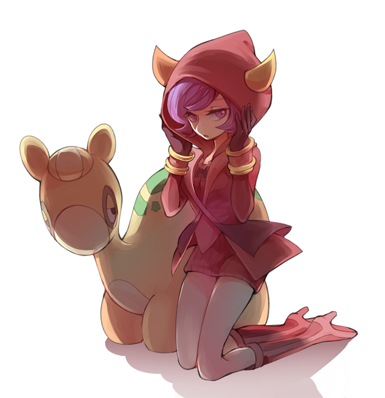 1girl black_gloves gloves high_heel_boots high_heels hoodie horned_headwear huan_li kagari_(pokemon) kneeling light numel pokemon pokemon_(creature) pokemon_(game) pokemon_oras purple_hair skirt team_magma uniform white_background