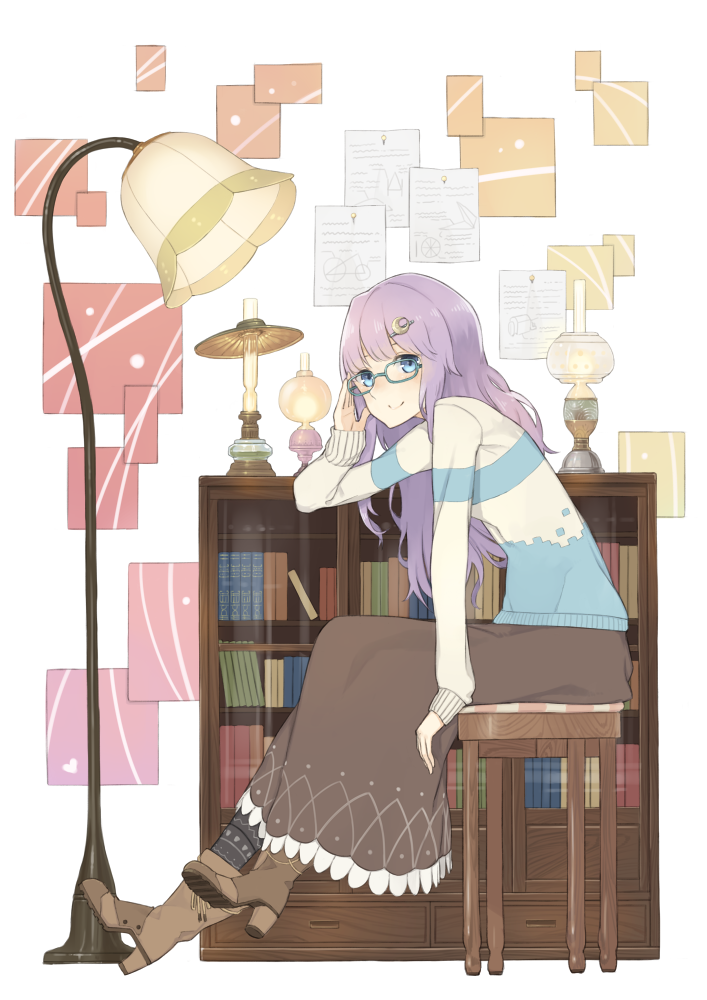 1girl adjusting_glasses arm_support black_legwear blue_eyes boots casual chair crescent_moon glasses hair_ornament haya_kewi lamp leaning_forward long_hair long_skirt moon patchouli_knowledge purple_hair sitting skirt sleeves_past_wrists smile solo sweater touhou