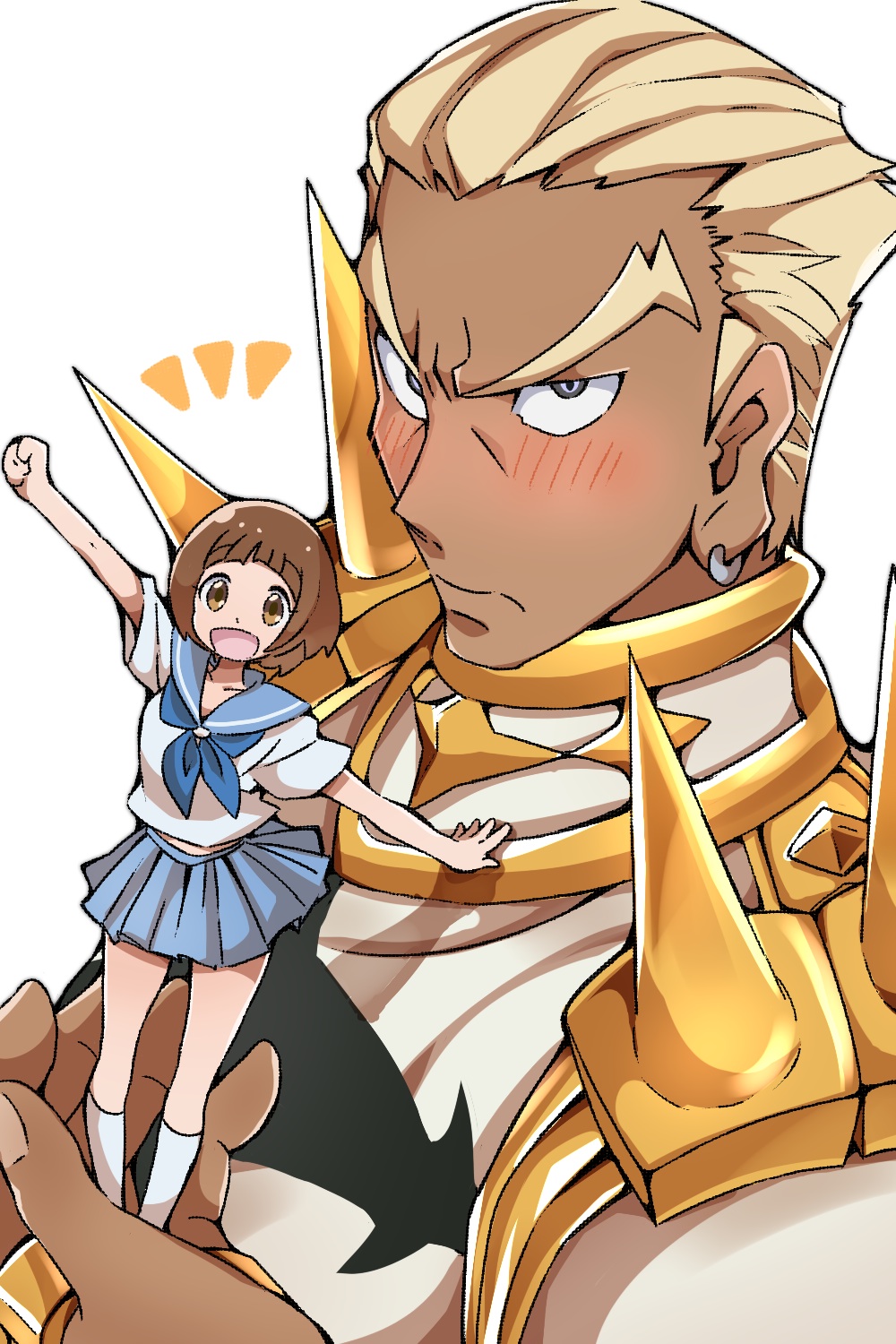 1boy 1girl blonde_hair blue_skirt blush brown_eyes brown_hair gamagoori_ira giant highres holding kill_la_kill mankanshoku_mako morimorisarada school_uniform serafuku short_hair skirt smile spikes