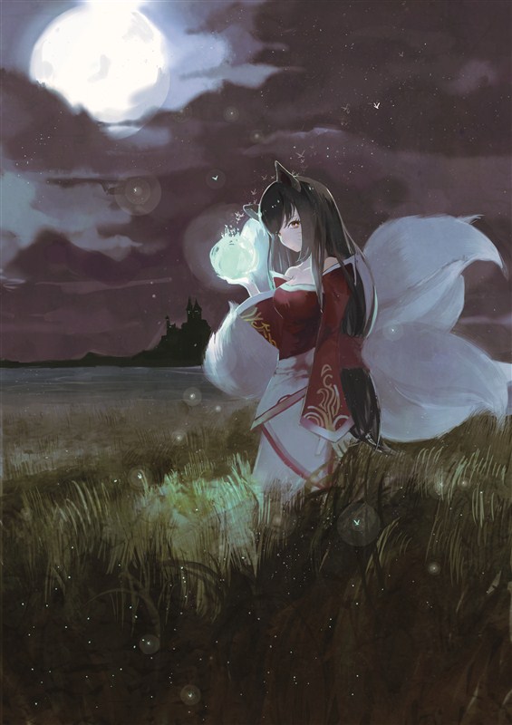 1girl ahri animal_ears bare_shoulders black_hair breasts detached_sleeves facial_mark fox_ears fox_tail full_moon korean_clothes league_of_legends long_hair moon multiple_tails solo tail whisker_markings yellow_eyes z190609110