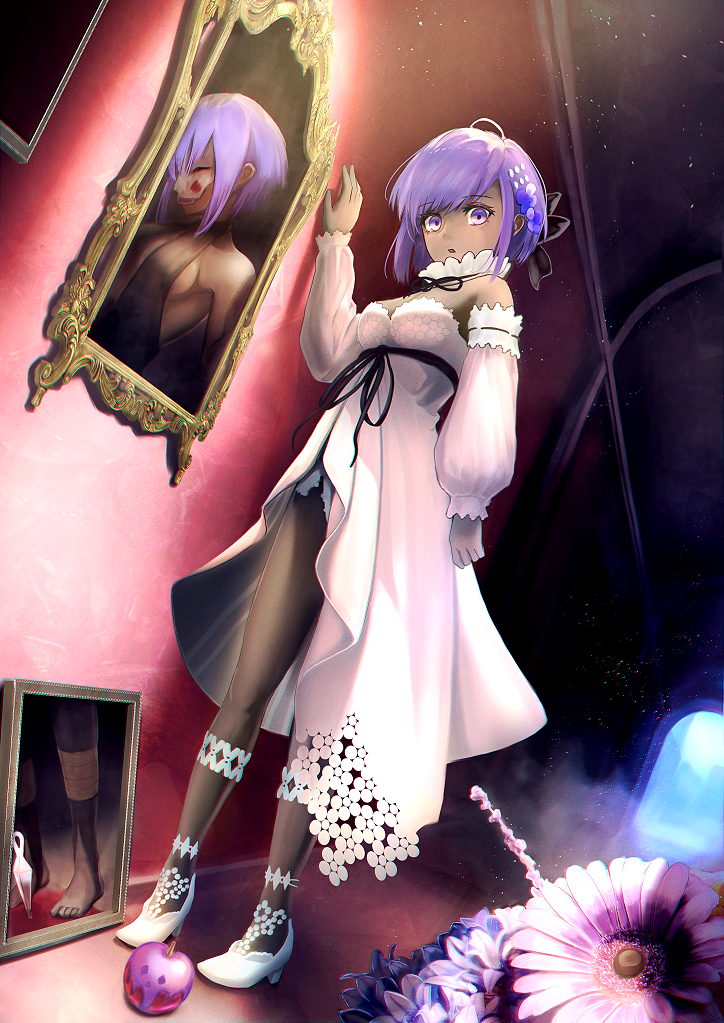 1girl breasts dark_skin dark-skinned_female detached_sleeves dress fate/grand_order fate_(series) full_body hassan_of_serenity_(fate) high_heels long_sleeves lostroom_outfit_(fate) painting_(object) purple_hair short_hair shta-chu-jisuiai skull_mask small_breasts standing violet_eyes white_dress white_footwear white_sleeves