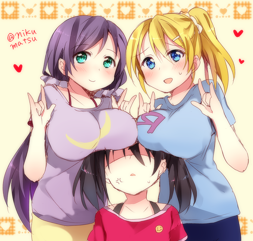 3girls :d \m/ aqua_eyes ayase_eli black_hair blonde_hair blue_eyes breast_envy breast_rest breasts breasts_on_head double_\m/ hair_ornament hairclip large_breasts love_live!_school_idol_project low_twintails matsusaka_gyuu multiple_girls no_eyes open_mouth ponytail scrunchie shaded_face smile toujou_nozomi twintails twitter_username yazawa_nico
