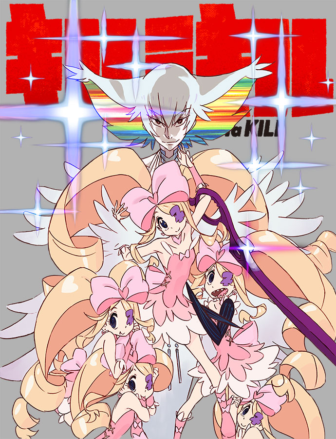 blonde_hair blue_eyes bow clone dress drill_hair eyepatch hair_bow harime_nui kill_la_kill kiryuuin_ragyou long_hair multiple_persona official_art rainbow_hair scissor_blade short_hair smile sushio twin_drills twintails