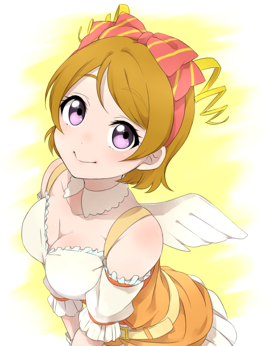 bare_shoulders big_breasts blush brown_hair koizumi_hanayo love_live! love_live!_school_idol_project ribbon short_hair smile violet_eyes wings