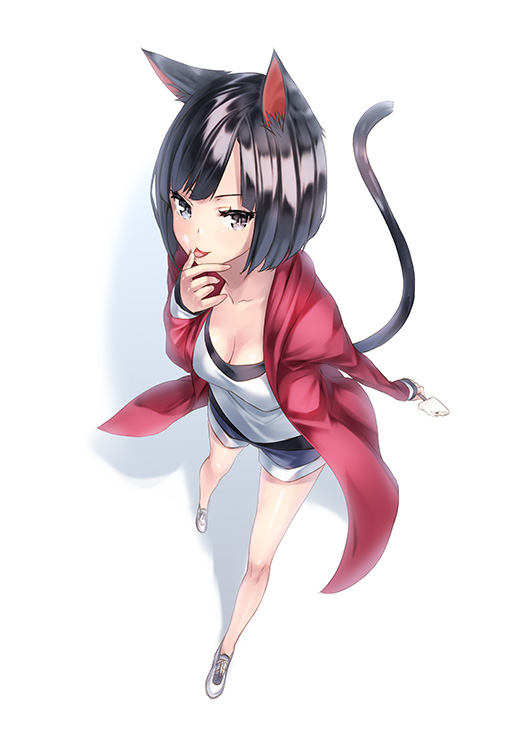 1girl animal_ears black_eyes black_hair breasts cat_ears cat_tail cleavage finger_licking foreshortening from_above full_body hooded_jacket hoodie jacket kyon_(fuuran) leaning_forward licking original popsicle shiny shiny_skin short_hair shorts simple_background sleeves_past_wrists solo tail tongue tongue_out white_background