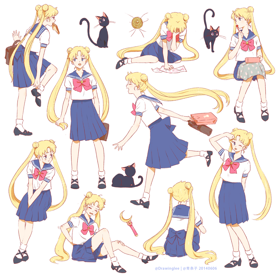 1girl ;p artist_name bag bishoujo_senshi_sailor_moon blonde_hair blue_eyes bread cat clone clumsy covering_face crescent_moon crying double_bun dressing food food_in_mouth hand_on_own_face lee1210 long_hair long_skirt luna_(sailor_moon) lunchbox moon one_eye_closed sailor_collar school_bag school_uniform serafuku sitting skirt smile socks tongue tongue_out tsukino_usagi twintails very_long_hair wink