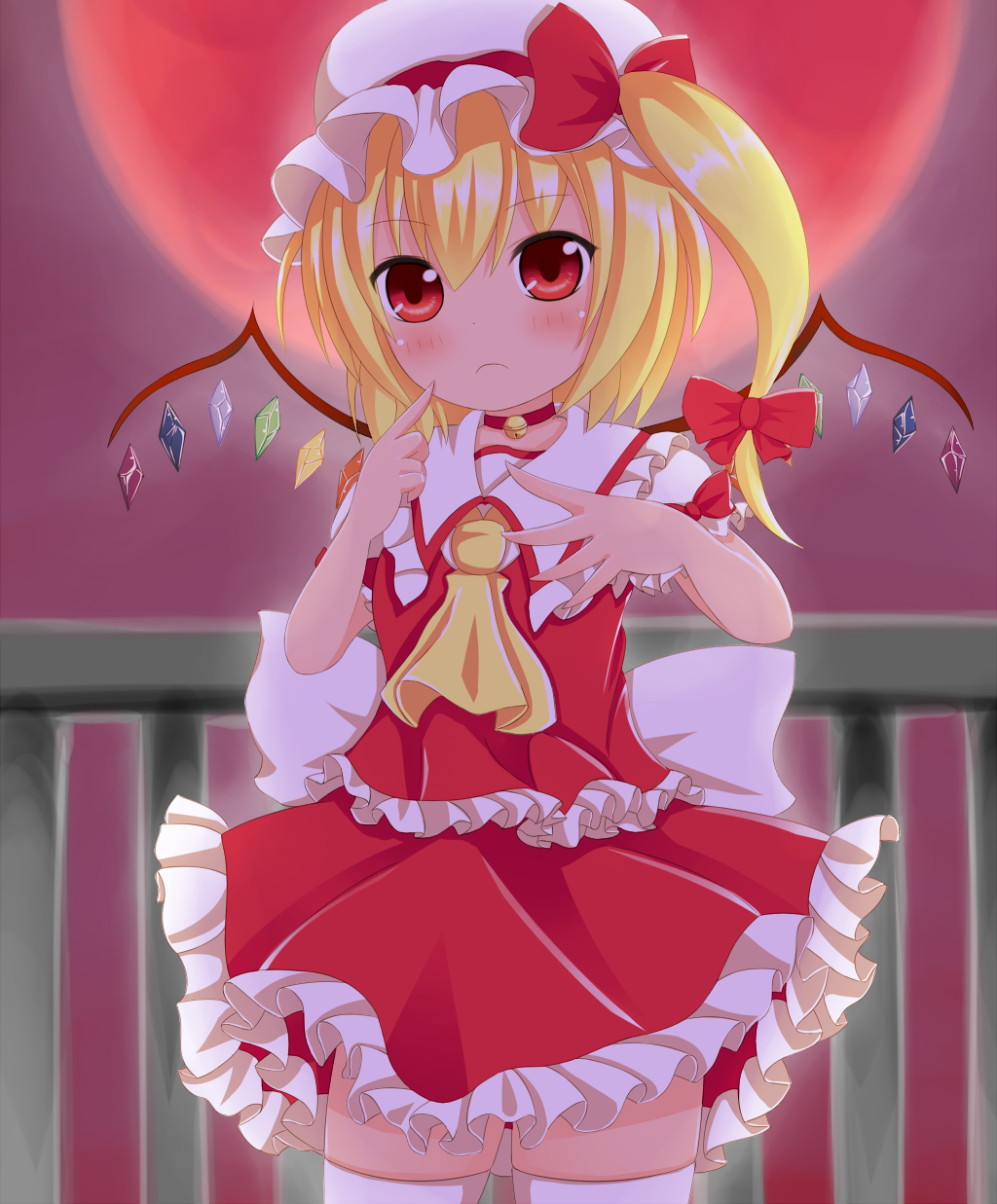 1girl :c ascot asymmetrical_hair bell_choker blonde_hair bow flandre_scarlet full_moon hair_bow hat hat_bow highres looking_at_viewer mob_cap moon nyt_(nagane) puffy_sleeves red_eyes red_moon sash shirt side_ponytail skirt skirt_set solo thigh-highs touhou vest white_legwear wings zettai_ryouiki