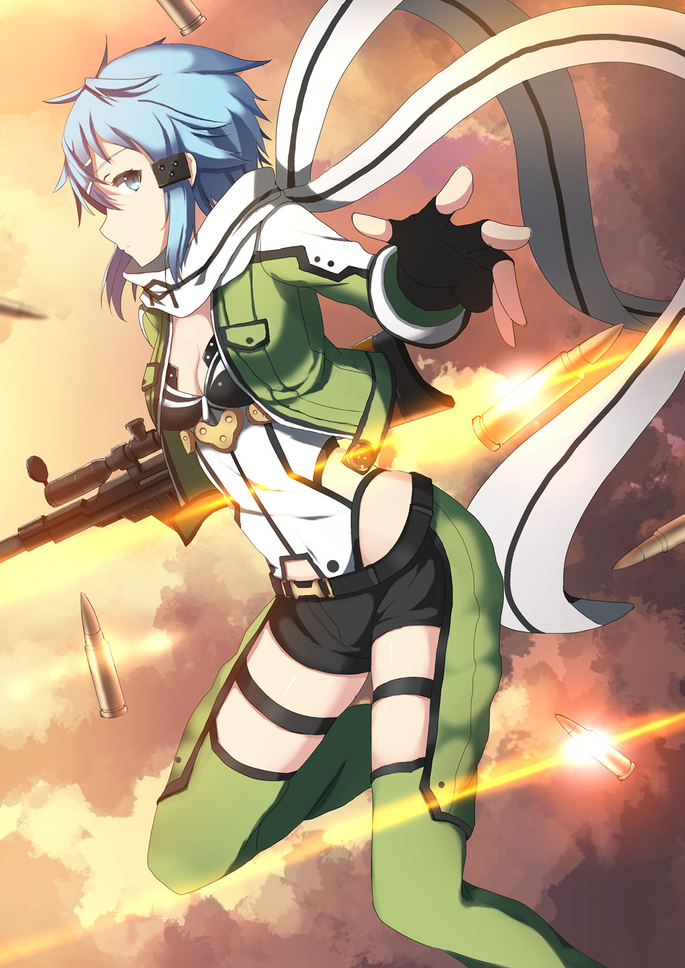 1girl blue_eyes blue_hair fingerless_gloves gloves gun highres rifle scarf shinon_(sao) short_hair short_shorts shorts sniper_rifle sword_art_online vblue weapon