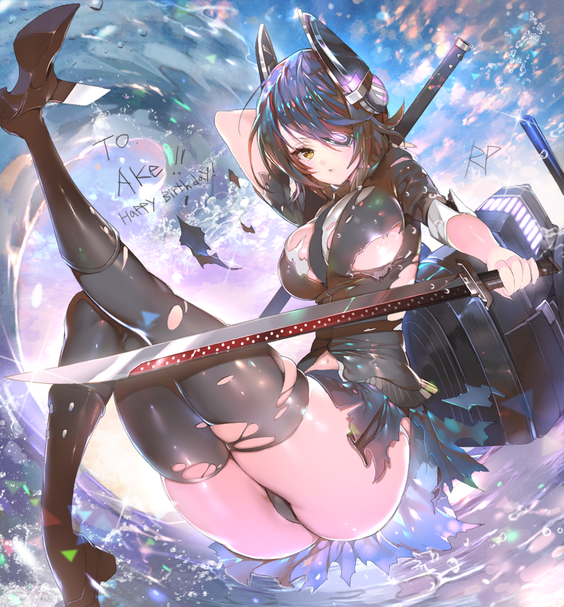 1girl ass black_hair breasts eyepatch happy_birthday kantai_collection large_breasts repi987 short_hair solo sword tenryuu_(kantai_collection) thigh-highs thighs torn_clothes torn_thighhighs weapon yellow_eyes